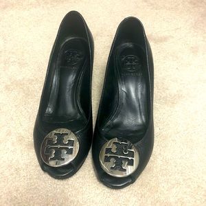 Tory Burch black peeptoe wedge/pump
